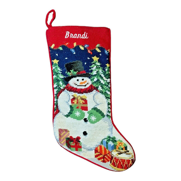 Wool Needlepoint Christmas Stocking PERSONALIZED BRANDI Snowman Gifts Vintage - Picture 1 of 4